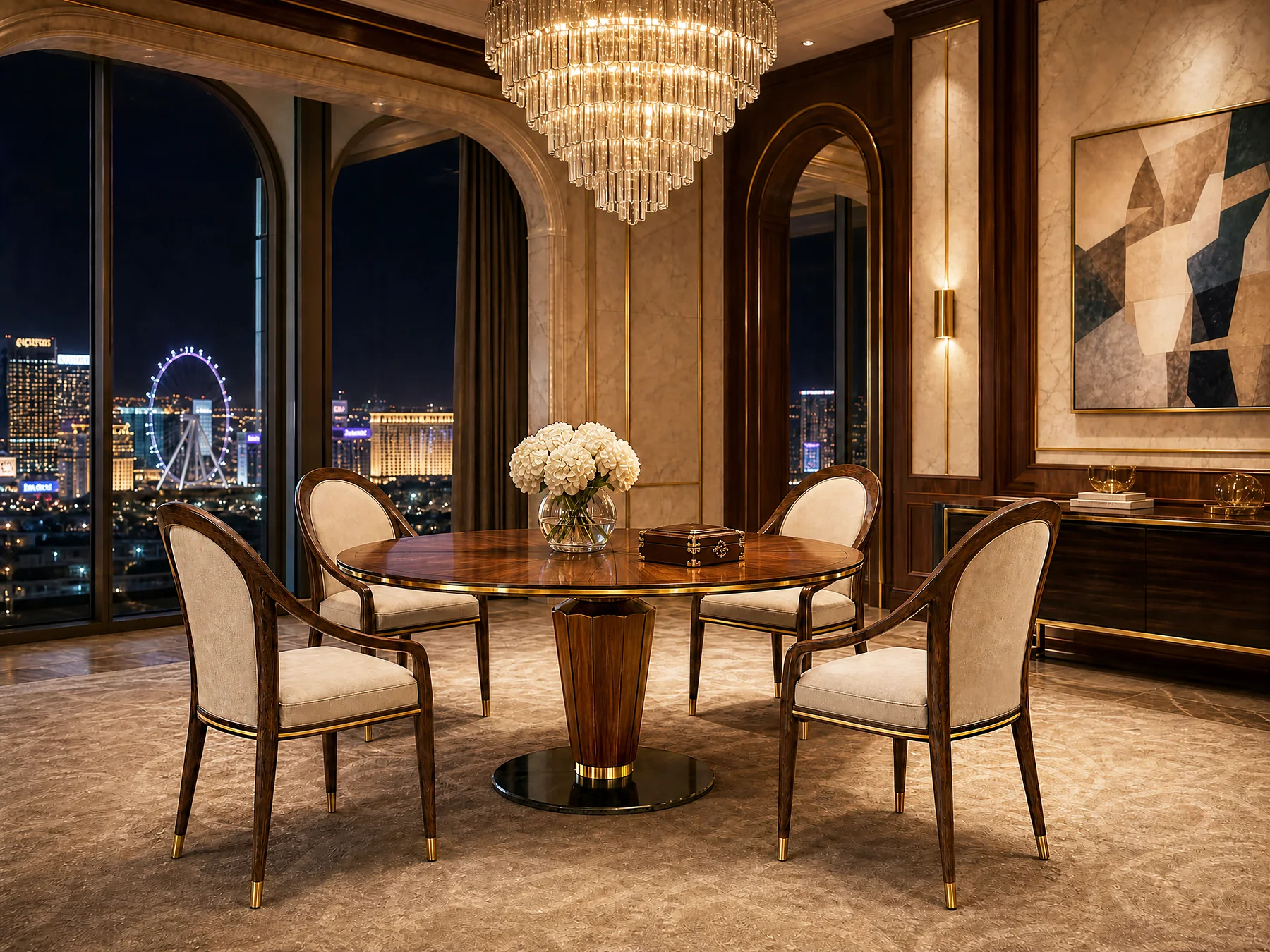 Round dining table in a dining room setting.