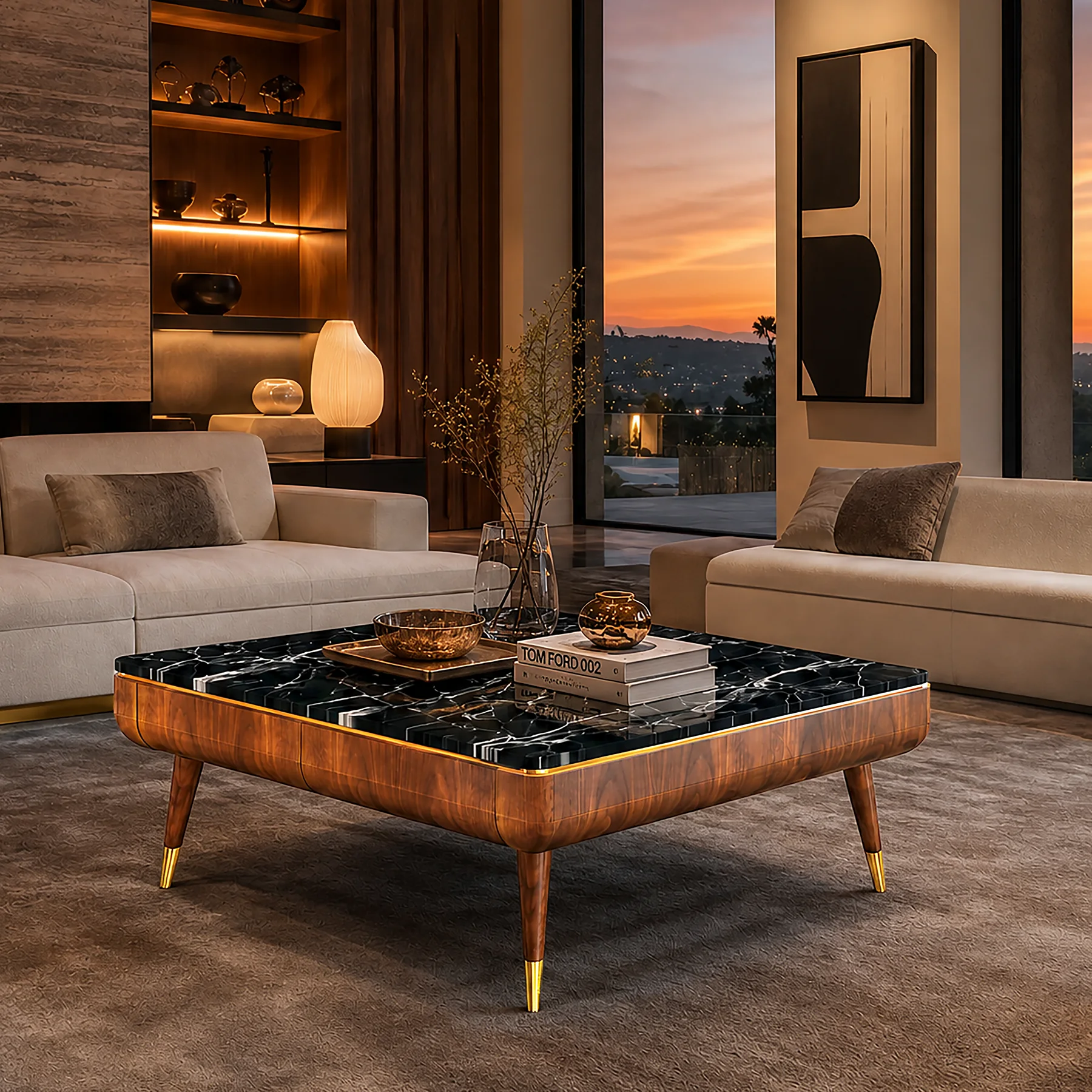 Square four-drawer coffee table.