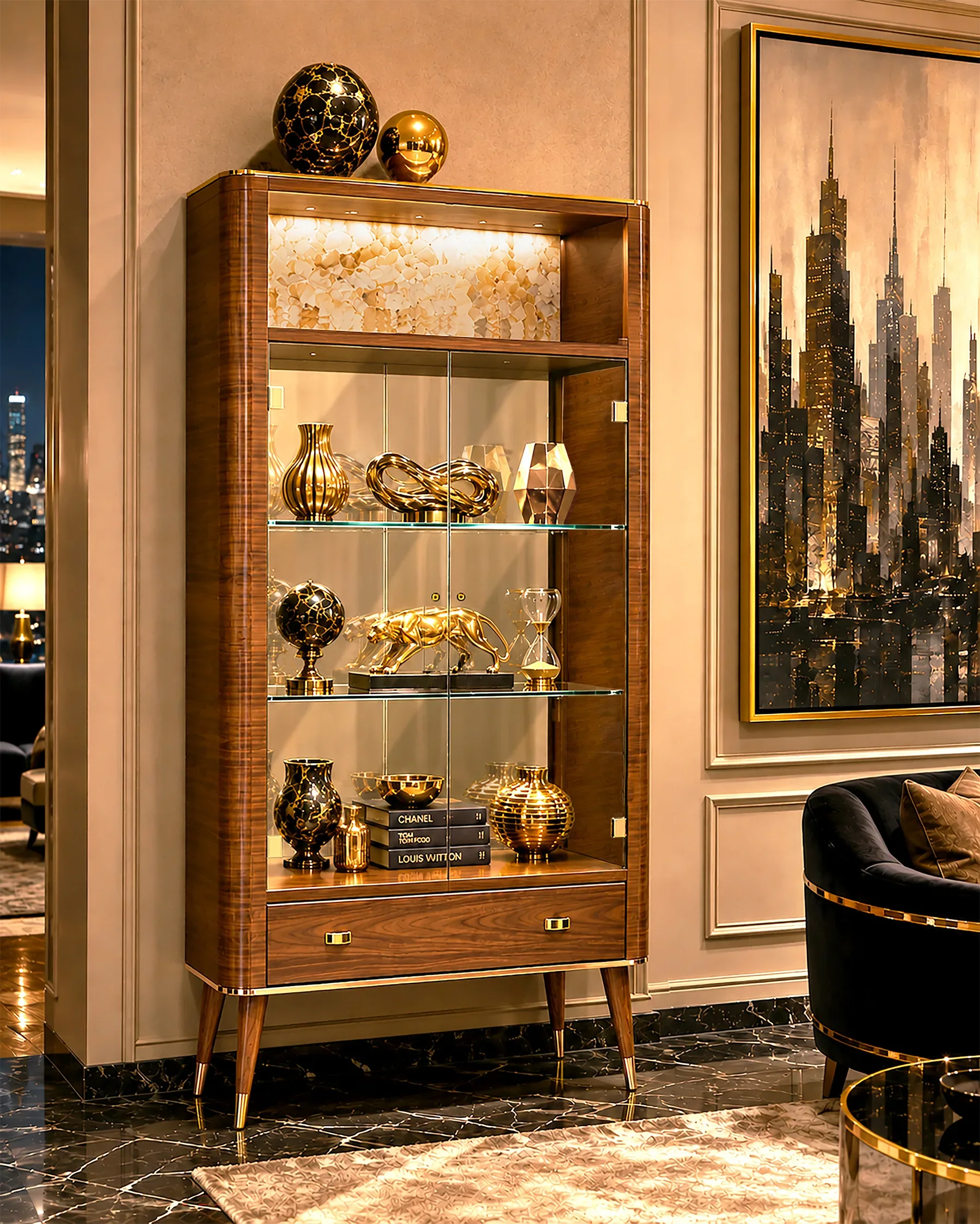 Display cabinet with two glass doors.