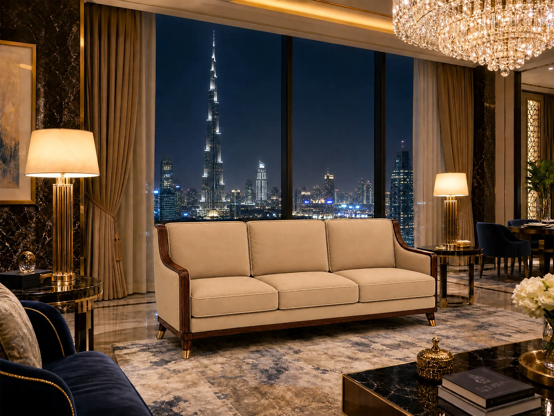 Three-seat sofa in a Dubai living room.