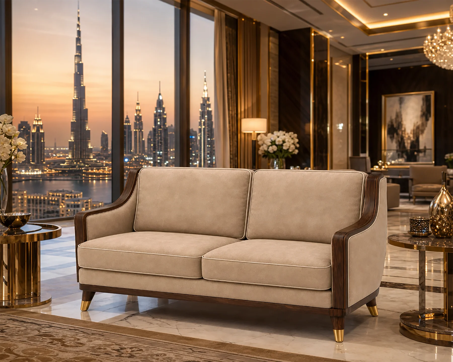 Two-seat sofa in a Dubai living room.
