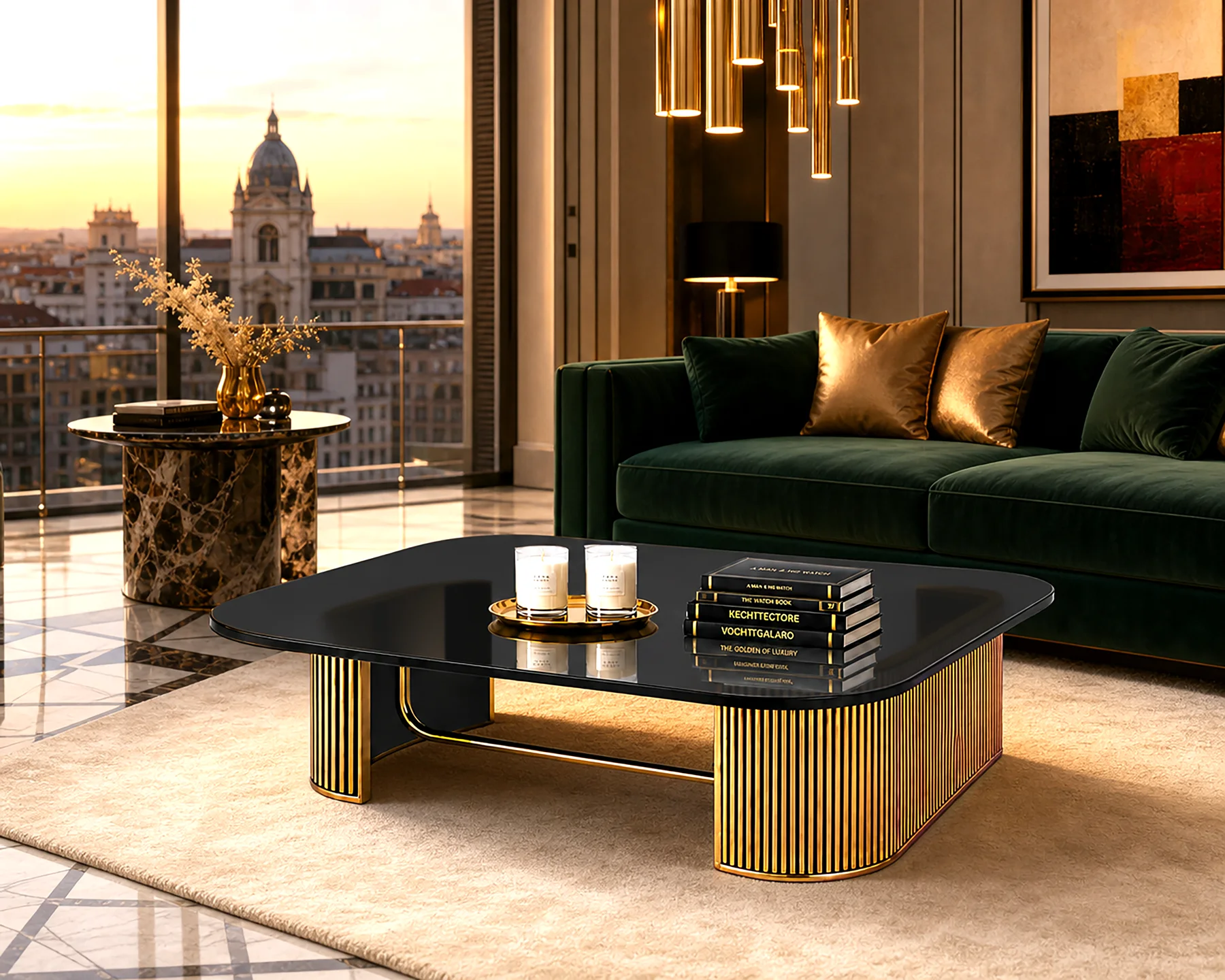 Square coffee table in a living room setting.