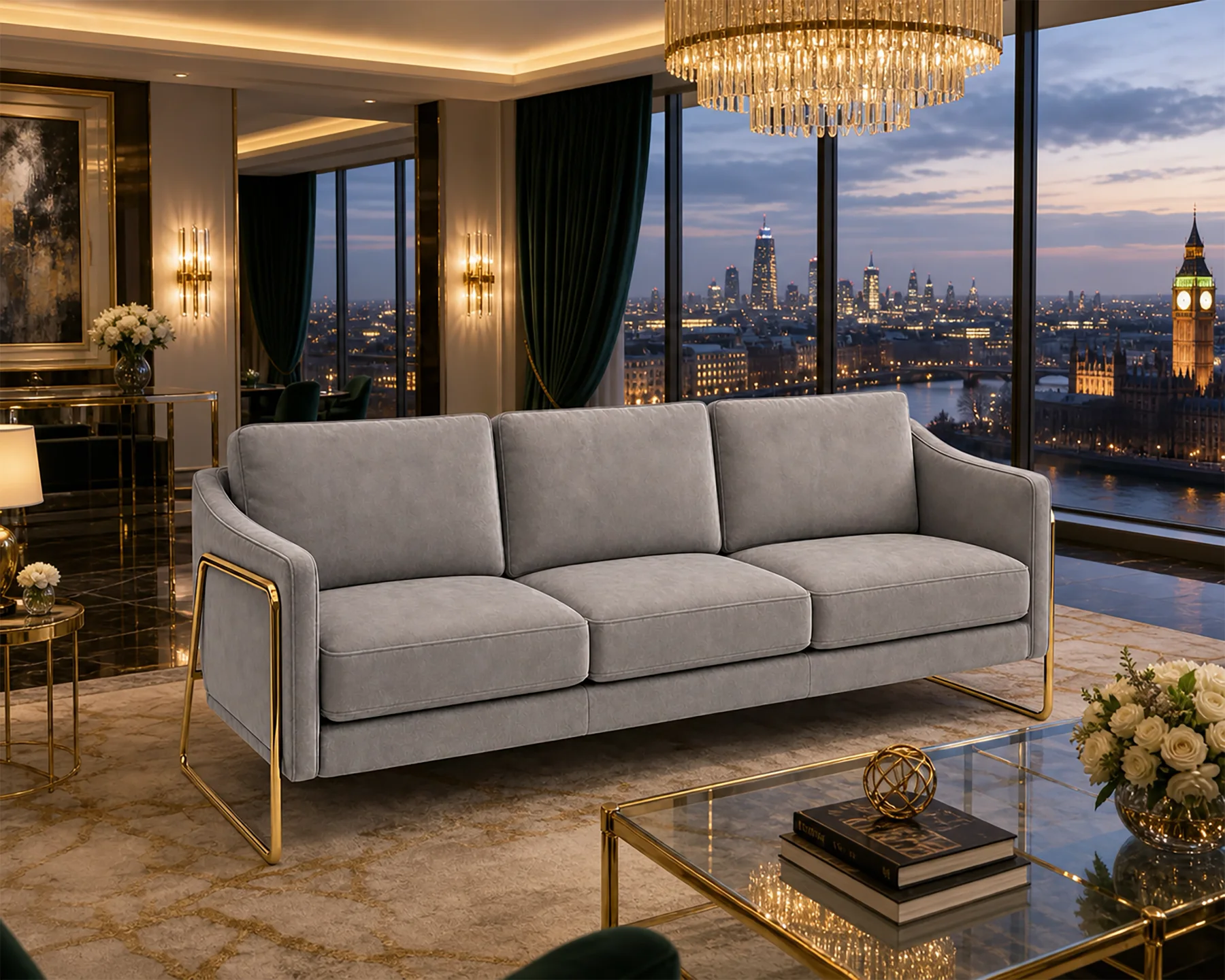 Three-seat sofa in a living room setting.