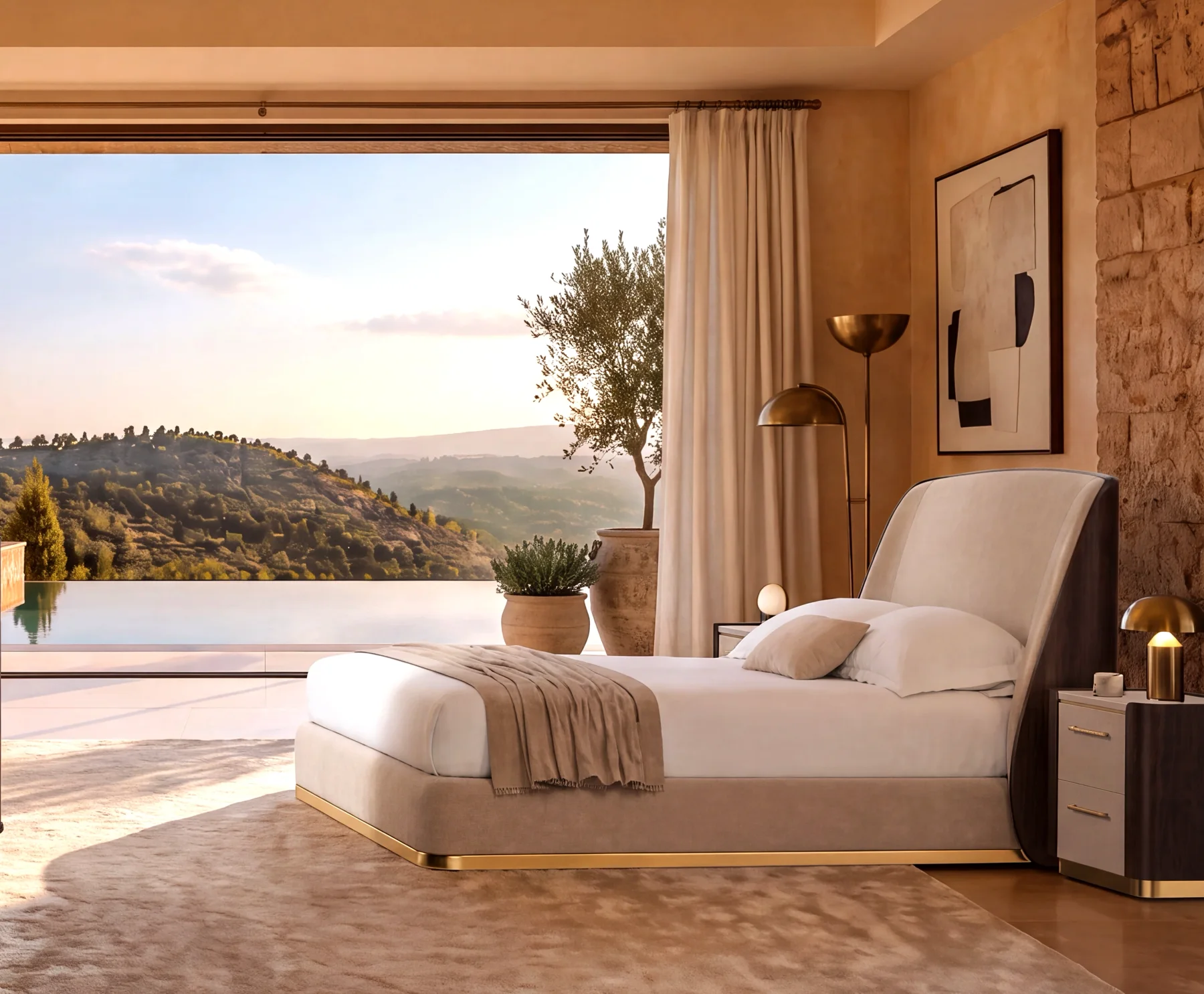 Bed in a bedroom overlooking the hills.