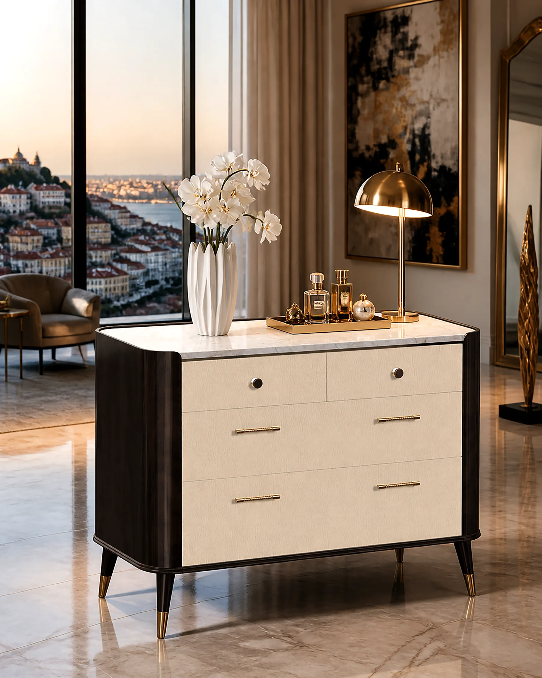 Four-drawer chest in a bedroom.