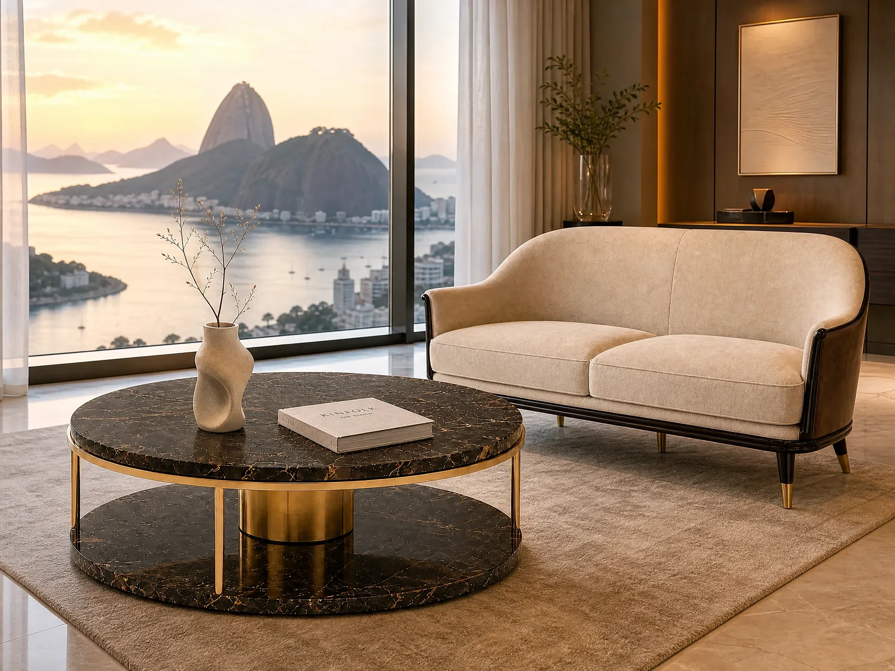 Round coffee table in a styled interior.