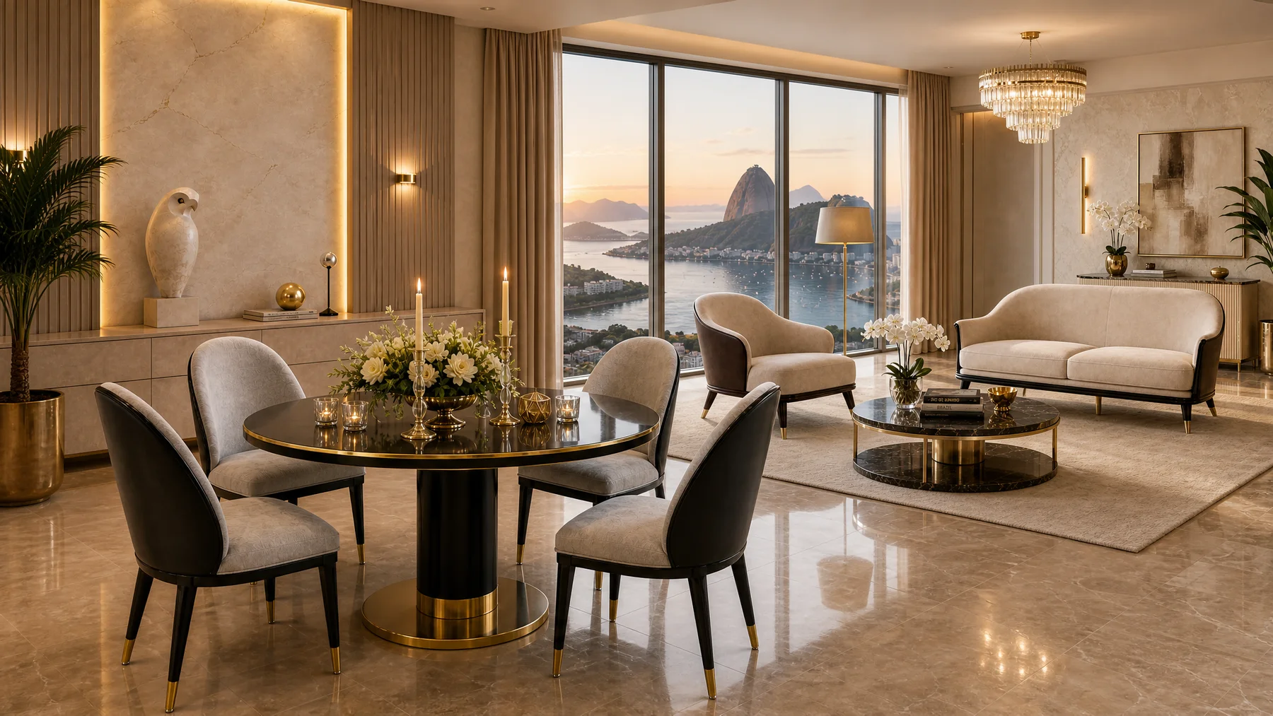 Dining table in a living and dining room.