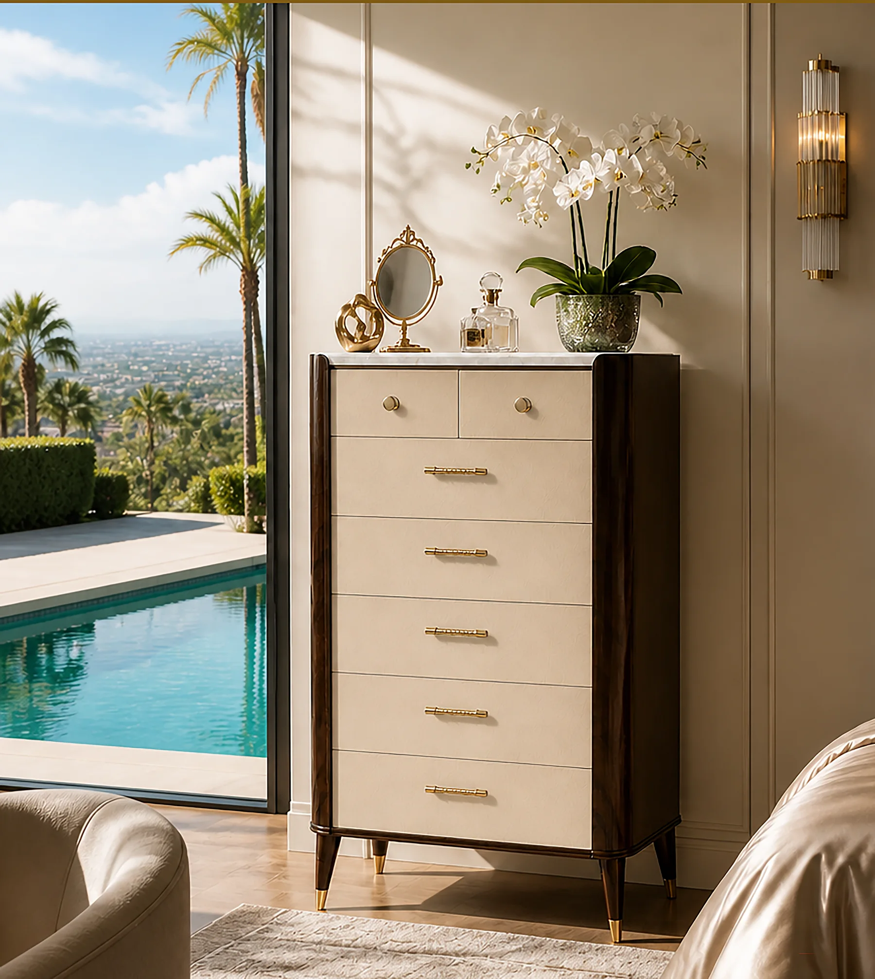 Seven-drawer tall chest in a bedroom.