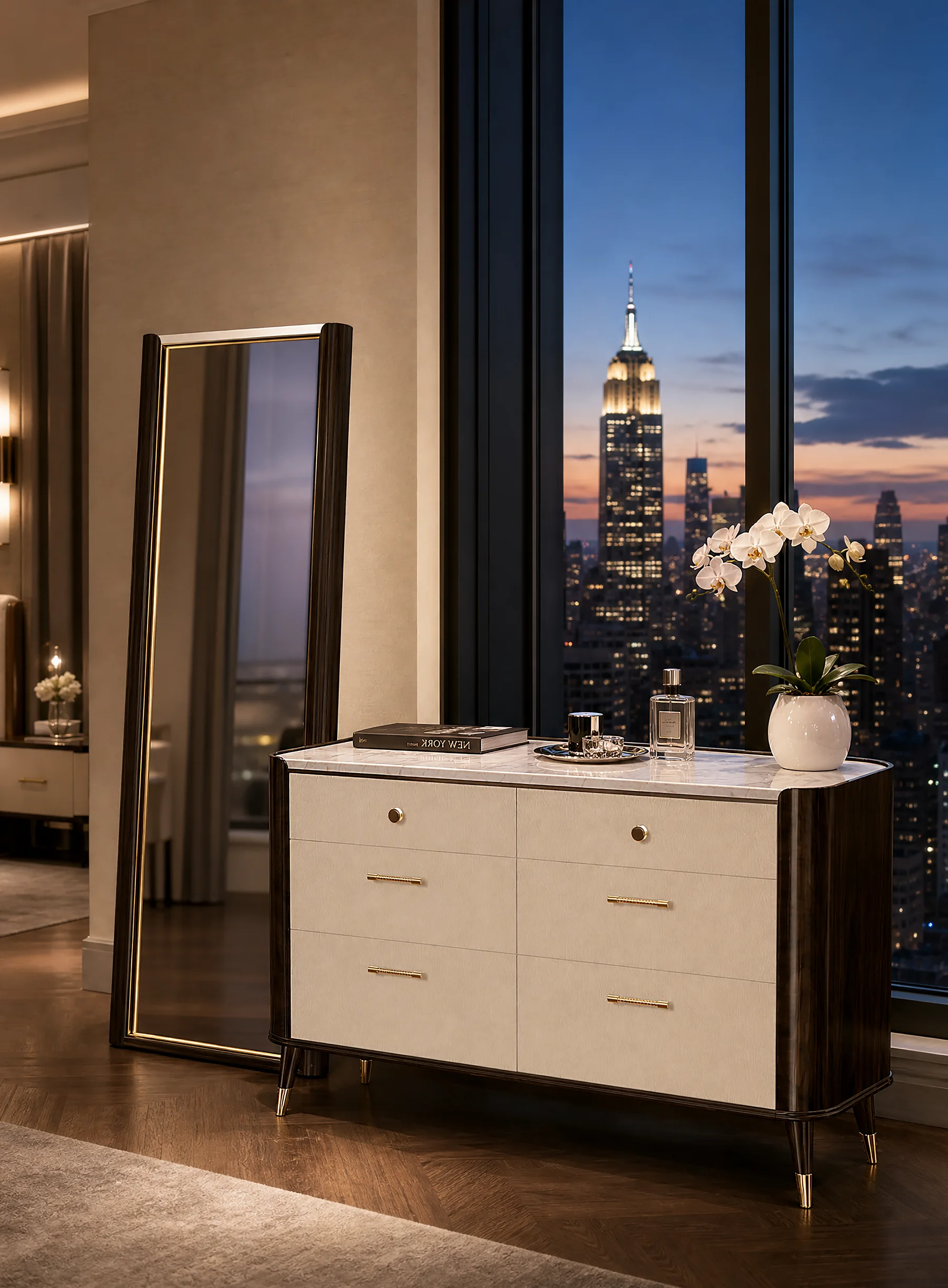Six-drawer chest beside the vertical vanity mirror, with a city view.