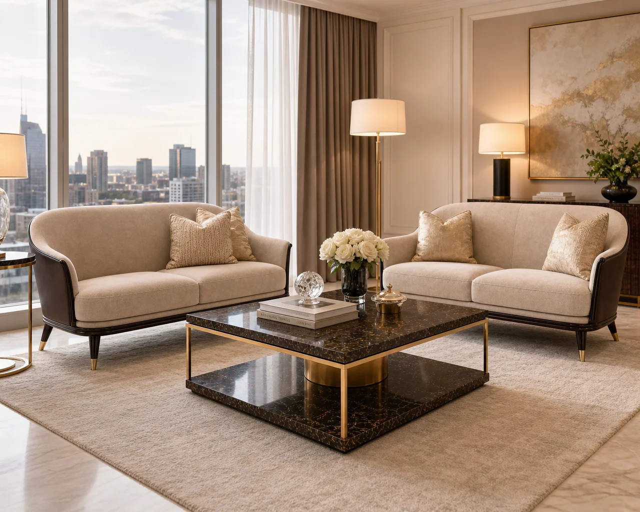 Square coffee table in a styled interior.