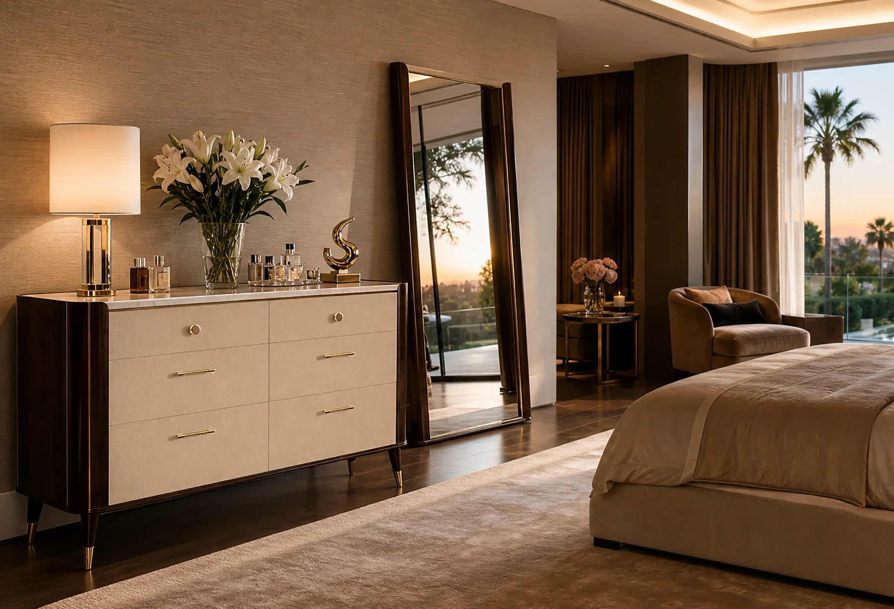 Vertical vanity mirror beside a six-drawer chest in a bedroom.